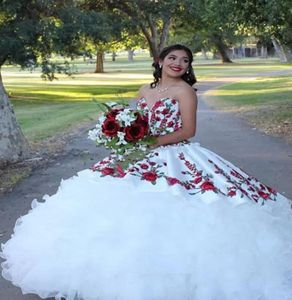 Vintage Embroidery Red Floral Lace Quinceanera Dresses Lace Appliques Sweetheart Sweet 16 Pageant Debutante Dress Tiered Organza P2001313
