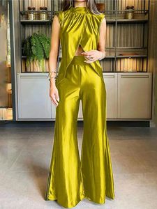 Women's Two Piece Pants Solid Elegant Set For Women 2024 Causal Vintage Lady Outfits V-neck Crop Tops Wide Legs Long Sleeve Female Suits