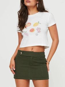 Kvinnors T-skjortor Kvinnor Y2K Baby Tee Short Sleeve Fruit Wine Cup Print T-Shirt Crew Neck Summer Crop Tops Coquette Vintage Shirt