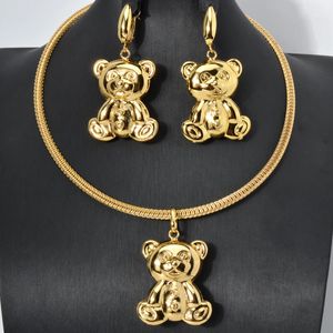 Cute Bear Pendant Necklaces Earrings Jewelry Set for Girls Women Dubai 18K Gold Plated African Drop Earring Collar Jewelry Gift 240510