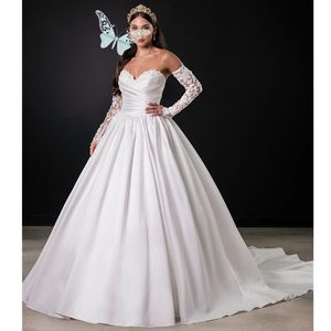 Satyna seksowna sukienka ślubna bez ramiączek z zakładkami kochanie długie rękawy koronkowe kobiety ślubne formalne suknie vestidos de novia
