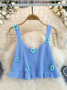 SINGREINY Y2K Sweet Knitted Crop Tops 3D Flowers Sleeveless Backless Women Fashion Summer Korean Style Chic Blue Beachwear Tank 240506