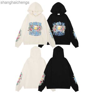 Luxury Counter Top Grade Designer Rhuder Hoodies Flower Flag Printed Hip Hop Couple Casual Loose Loop Hooded Sweater with Logo