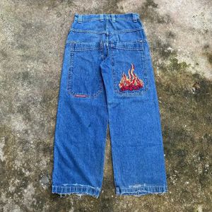 Men's Jeans JNCO embroidered flame retro jeans washed zipper splicing American high street fashion brand niche loose straight pants Q240509