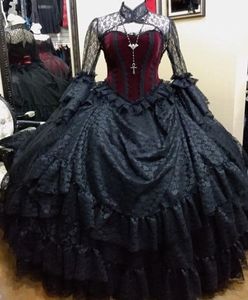 Vintage Black And Burgundy Victorian Wedding Dress Long Sleeves Corset Gothic Ball Gown Bridal Dresses High Neck Lace Tiered Floor8320536