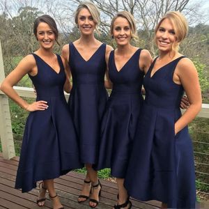 Simple Dark Navy Blue Bridesmaid Tea Length Short Evening Gowns Party V Neck Custom Made Wedding Guest Dresses 0510