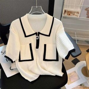 Women's Knits Tees Summer new contrasting color zipper pocket polo neck fashionable sweet pine short sleeved womens ice silk knitted sweater topL2405