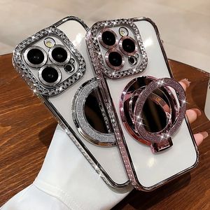 Case Up Make Up Mirror Bracket Magnet Case لـ iPhone 15 Pro Max 15Pro Diamond Lens Cover for iPhone 11 12 13 14 Pro Max