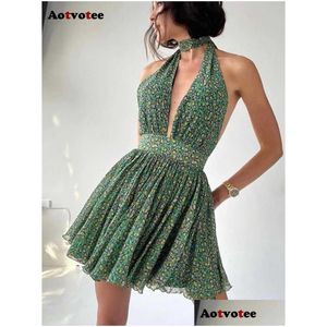 Vestidos casuais básicos mini vestido de impressão floral para mulheres verão 2023 Novo Halter de Backless de pescoço de pescoço Vol