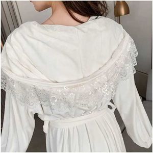 Women's Robe Winter Sleepwear Women Loose Kimono Bathrobe Gown Velvet White Flannel Lace Nightgown Autumn Hoodies Nightwear Casual Loungewear