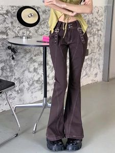 Kvinnors jeans 2024 Brown Vintage Women Denim Flare Pants For Ladies Low Midje Casual Loose Trousers Pantalon Summer Fashion Streetwear