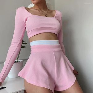 Frauen Shorts Mode Casual Sport Röcke Set Women Summer Freizeit zweisteuelhafte Farben Patchwork sexy Slim Crop Tops