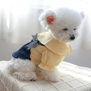 Vestido de vestuário de roupas de cachorro gato bowknot vestido denim colar de gola de boneca com babados com roupas diárias confortáveis e confortáveis