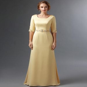 Yellow Satin Long Modest Bridesmaid Dresses With Half Sleeves Square Neck Beaded Waist Mother Bridesmaid Dress Elegant New Real Photo 305H
