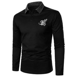 Herrpolos solid abstrakt broderi strtwear casual mogen mode män kontrast färg krage topp lång se polo skjorta y240510zf0f