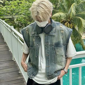 Men's Vests Clothing Luxury Ripped Denim Vest Jacket Retro Solid Color Pocket Button-down Sleeveless Streetwear Clothes