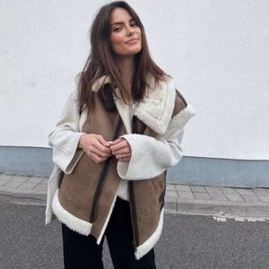 Vinterpäls väst kvinnor faux fårskinn päls maistcoat chic lady faux läder fleece varm väst kvinna ärmlös jacka