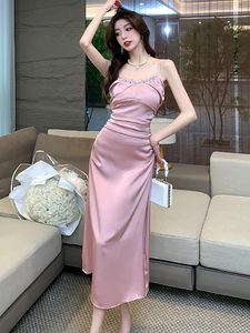 Vestidos casuais vestido de festa de dança de luxo rosa para mulheres 2024 Coreano Diamantes elegantes Sling Sexy Summer Fashion Bodycon noite