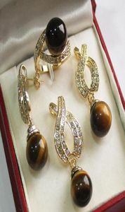 PRETT LOVELY WOMEN039S bröllop Vackra nya smycken 12mm Tiger Eye Stone Pendant Earring Ring Set7278057
