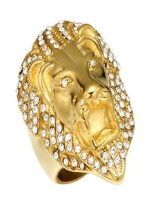 Lujoyce HIPhop Lion Head Ring Micro Pave Rhinestone Iced Out Bling Mens Ring IP Gold Filled Titanium Stainless Steel Rings for Men8621372