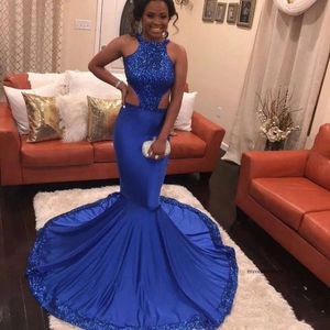 Deslumbrante sereia real de sereia azul 2019 vestidos de baile africanos de lantejoulas vestidos de festa noturna de meninas preto vestidos de graduação da 8ª série 0510