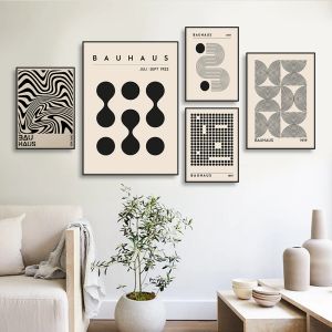 Özet Bauhaus tarzı geometrik duvar sanat posterleri, modern ev dekorasyonu için resim vintage siyah bej hat tuval resimleri yazdırıyor