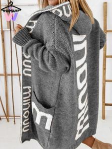 Women's Knits In Spring Autumn Women Coat Fashion Pocket Lovely Letters Chic Cold Resistant Long Loose Street-wear Cardigans Sweaters