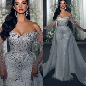 Luxury Mermaid Wedding Dresses Crystal Sequins Bridal Gowns with Detachable Train Pearls Beading Custom Made Bride Dress Vestidos De Novia