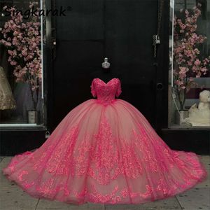 México Fuchsia, vestido de coração quinceanera, para 16th Girls Ball Badyed Lace Apliques 15th Birthday Party Dales