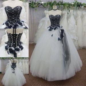 Skräddarsydd vit och svart spetsblomma dekoration tyllboll klänning lång klänning för prom formell klänning 226f