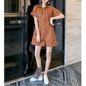 Kvinnors jumpsuits rompers Caramel Jumpsuits Overdimasy Pants Wide Leg Shorts Bodysuits Women Korean Fashion Short Slve One Piece Outfits Women Clothing Y240510