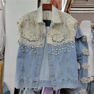 Women's Vests Heavy Work Beading Pearl Denim Vest Women Loose Casual Cowboy Waistcoat Tie Dye Contrast Color Sleeveless Jeans Jacket Female