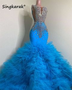 Luxuy Diamonds Long Prom Dresses 2024 Sparkly Beads Rhinestone Crystal Tiered Ruffle Special Recence Party Gown