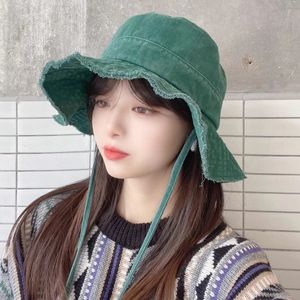 Retro Lotus Brim Dark Green Umyj bawełniany kapelusz wiadra z paskiem Korea Denim Canvas Sunshade Sun Hat Fisherman For Women 240510