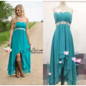Real Image Hot Country Western High Low Turquoise Bridesmaid Evening Party Gowns Hi-Lo Aqua Blue Chiffon Prom Dresses Crystal Sash 0510
