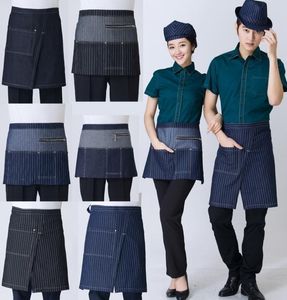 Universal denim Half Bust Bib Apron Restaurant Kitchen Coffee Tea Shop Waitress Uniforms Waist Short Apron with Pockets 2010078765109