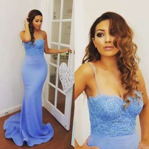 Açık mavi dantel aplike balo elbiseleri spagetti gece elbiseler kadınlar mezuniyet için uzun parti vestido de festa longo ocn elbise 0510