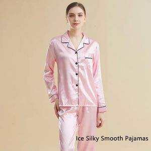 Mulheres gelo pijamas sedosas boates de roupas de dormir rosa preto l xl xxl camisa de manga longa e calça de cor sólida casual suave 240428
