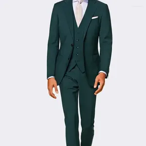Garnitury męskie ciemnozielone inteligentne, swobodne, eleganckie mężczyzn kombinezon biznesowy Lapel Slim Fit Blazer Hombre Wysoka jakość niestandardowa 3 -częściowa kostium Homme