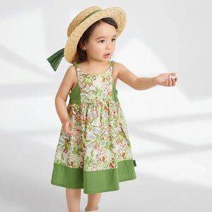 Mädchenkleider Amila Babykleid 2024 Sommer Baumwolle Vintage Floral Garden Resort Casual Sling gepresst Falten 0-6y