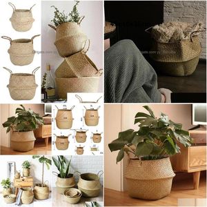 Hanging Baskets Sea Wicker Storage St Rattan Flowerpot Seagrass Folding Laundry Basket Plant Home Decor Drop Delivery Garden Houseke Dhx7B