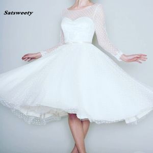 1905's خمر أبيض طويل الأكمام طويلة فستان الزفاف النساء فساتين الزفاف الشاي طول الشاي ربيع الزفاف الربيع الجديد 2170