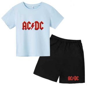 Комплекты одежды Детская футболка с кружой шеей Письма с печеной AC AC DC Top+Shorts Set Outdoor Casual Sports Boy and Girl Clothing 3-12-летний 2405