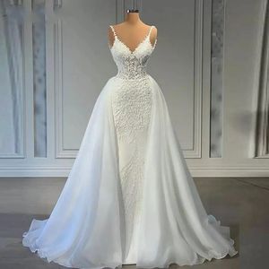 Luksusowe sukienki ślubne syreny 2024 Pociąg odpinany paski na dekolt w szpic koraliki koronkowe haft ślubny formalny impreza sukienki vestidos de noiva