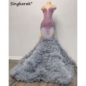 Diamonds Mermaid Long Prom Dresses 2024 For Black Girls Beads Crystals Rhinestones Tired Ruffles Evening Party Gown