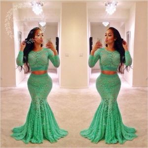 Vestidos de baile de renda verde de limão duas peças 2017 Mangas compridas Mermaid Dress African Plus Tamanho Black Girls Formal Festy Dales 273d