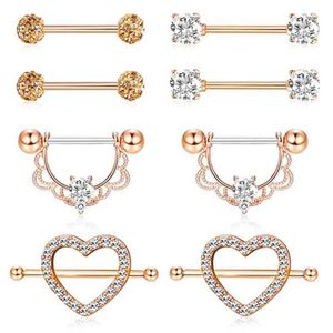 Nippelringar Kirurgiskt stålhjärta Nippel Piercing Set 14g Crystal Nipple Piercing Bar Lot Tongue Ring Pack Charming Nipple Piercing Jewelry Y240510