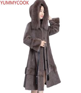 패션 따뜻한 양 전단 코트 암컷 2018 겨울 후드 모피 중간 길이 슬림 한 단색 모피 여자 039S 의류 코트 A2157005076
