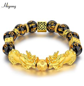 Schwarze Obsidian Steinperlen Armband Pixiu Feng Shui Armband Gold Farbe Buddha Viel Glück Vermögen Armbänder für Frauen Männer Schmuck 6396300