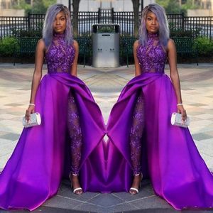 2020 Classic Purple Jumpsuits Prom Dresses With Detachable Train High Neck Lace Appliqued Bead Evening Gowns African Party Women Pant S 268d